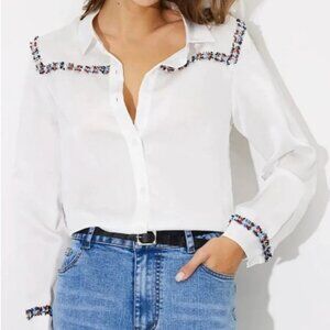 ZARA contrast textured shirt White Small Colorful Tweed Trim Collar Button Down